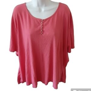 White stag short sleeve Top stretch 26W/28W Pink Metallic trim scoop neck VTG 90